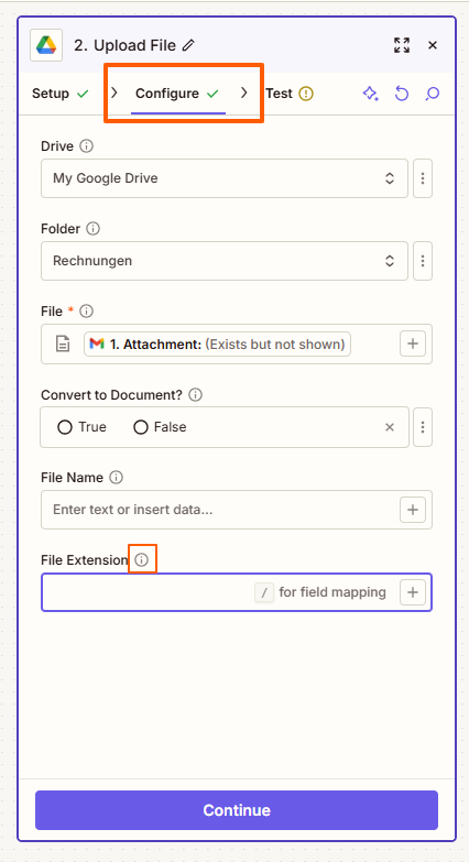 Zapier Action Konfiguration: Feld-Mapping
