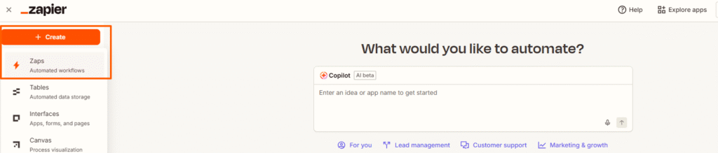Zapier Dashboard Screenshot zeigt wie man einen neuen Zap erstellt.