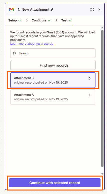 Zapier Trigger Test Interface zeigt Records zum Auswählen für Workflow-Test