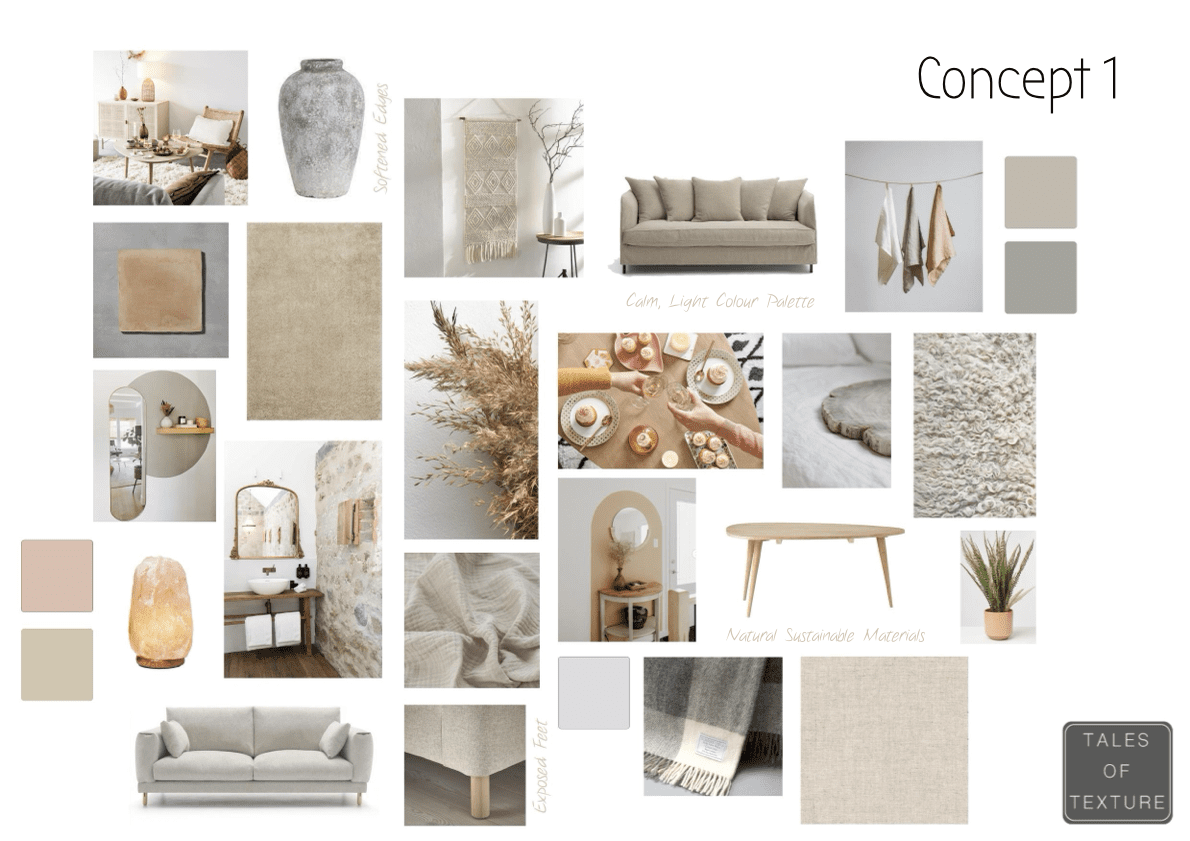 Interior Design Presentation, Natural Tones, Natural Textures, Biophilic Interior Design, Sustainable Interior Design