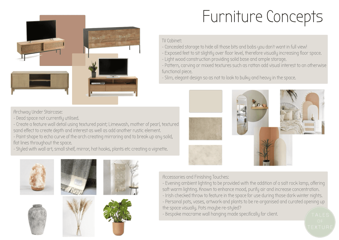 Sustainable Interior Design, Furniture presentation Board, Green Design, Natural Tones and Textures, Green Living, Biophilic Interior Design