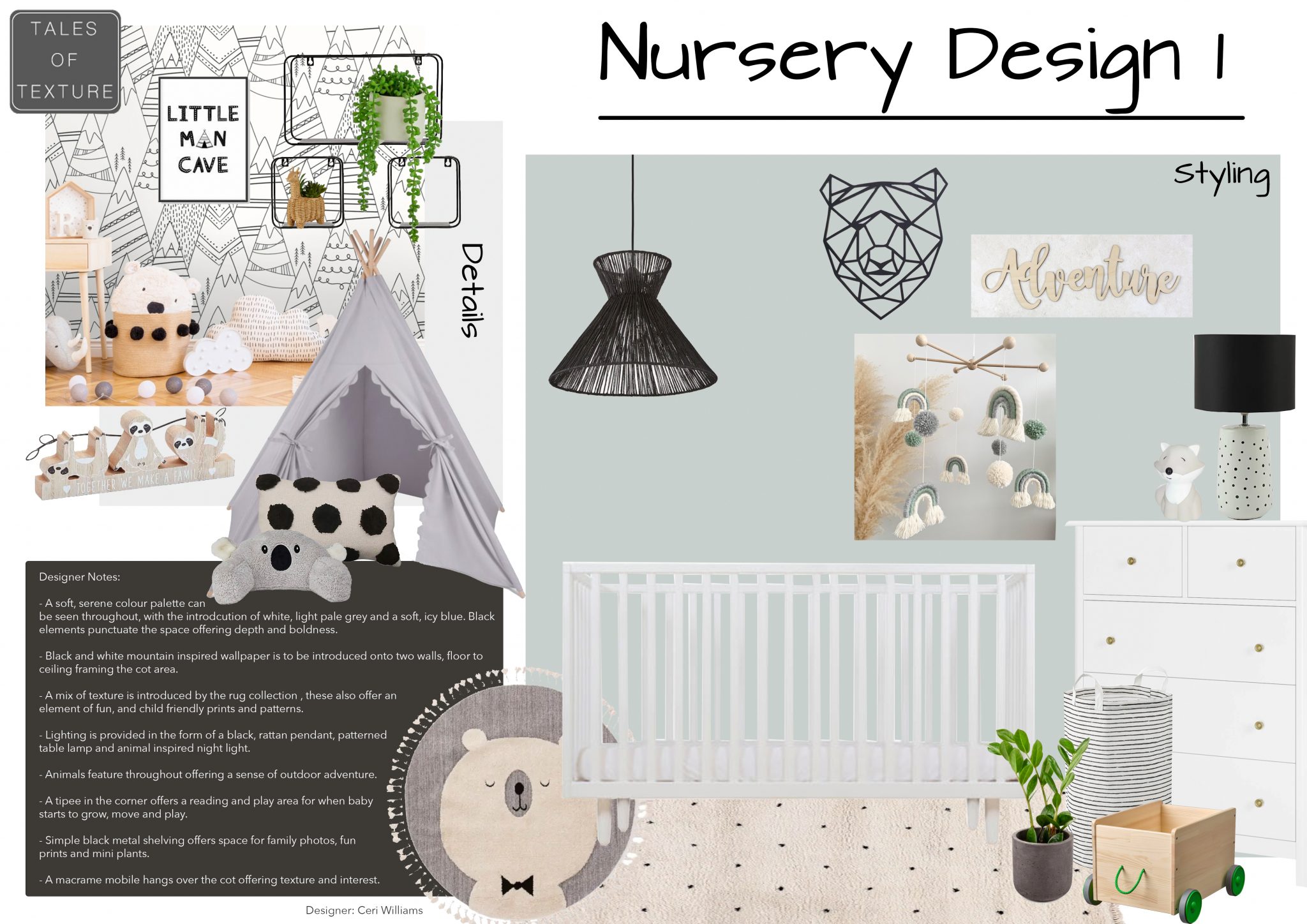 Baby Boy Nursery design, Interior Design Client Presentation Board, Sustainable Interior design