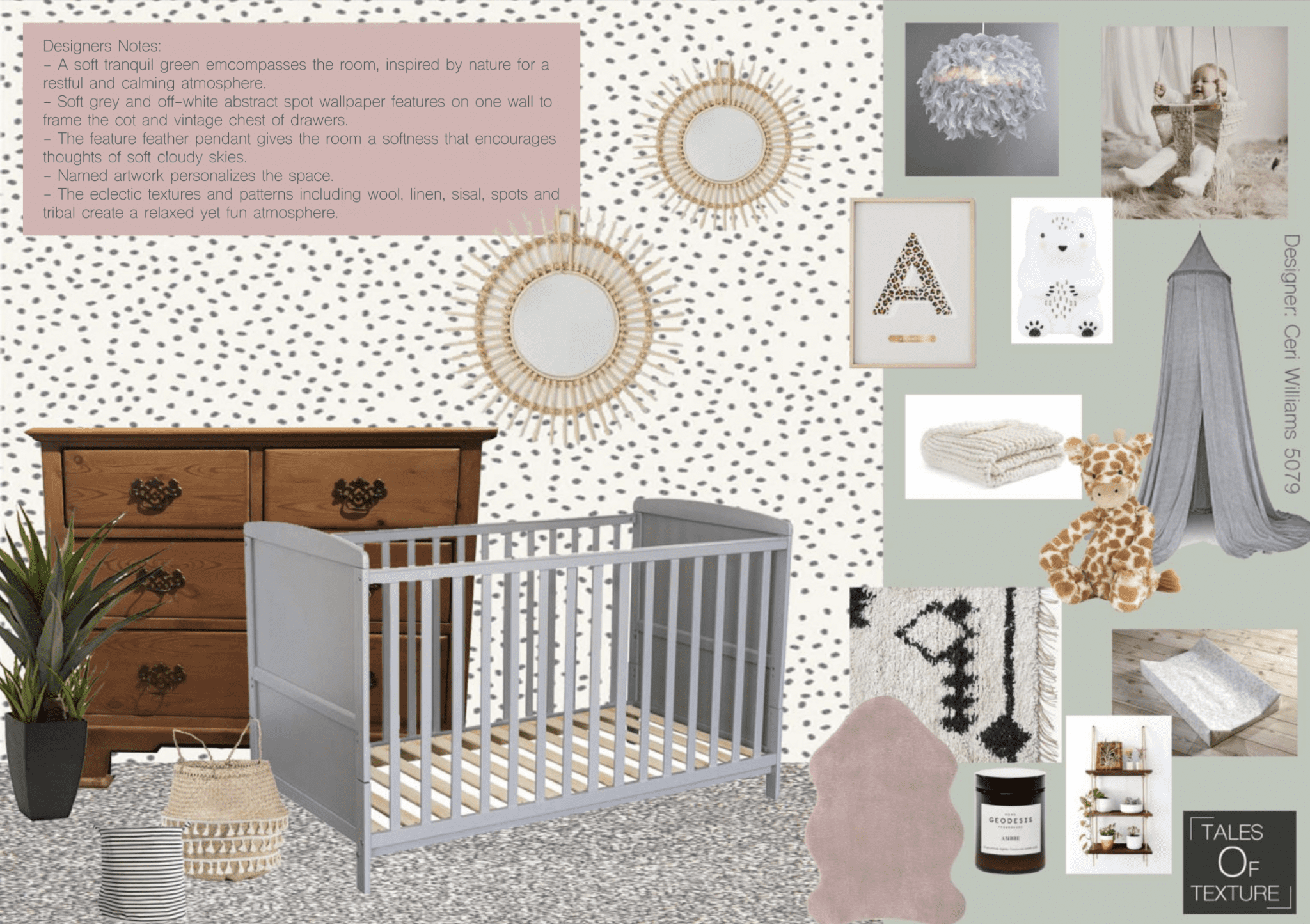 Interior design Client Presentation Board, Sustainable Interior Design, Biophilic Interior Design, Baby Girl Nursery Interior design