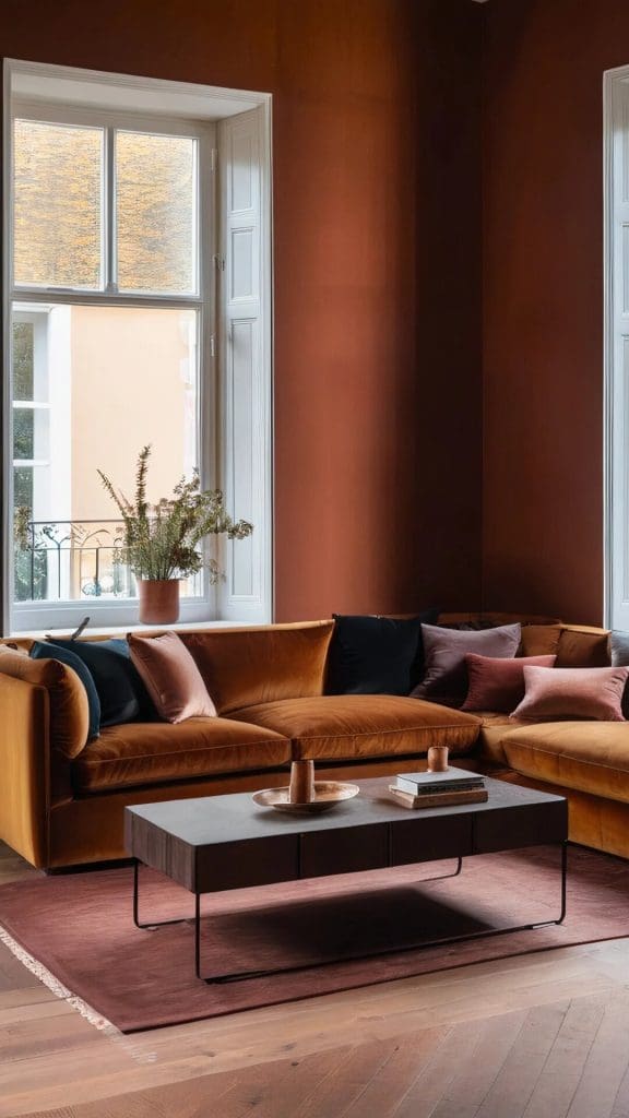 Modern style lounge painted in a dark red-brick terracotta with dark mustard velvet sofa and black metal simple form coffee table