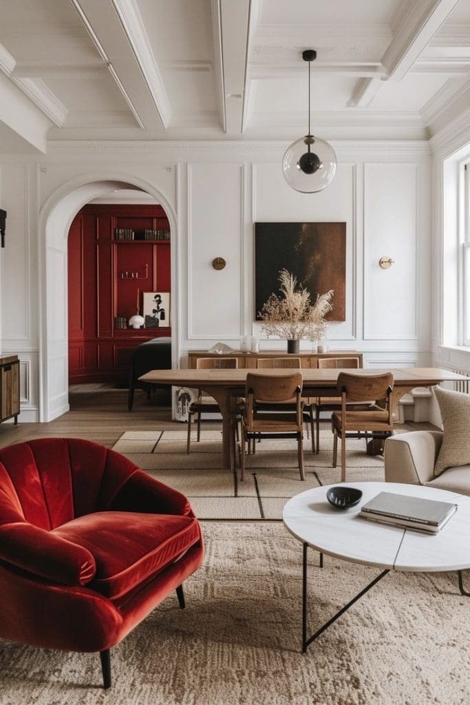 The 'Unexpected Red Theory' in a neutrally decorated open living dining room with red accent chair and red wall to rear
