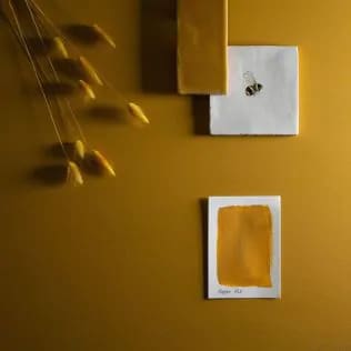 Mustard yellow flat-lay with a picture of a bumble bee and paint sample